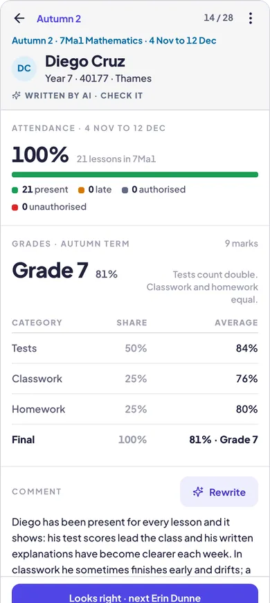 A class report on a phone, stamped Written by AI, check it, with Looks right and next