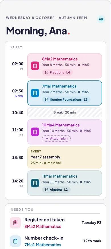 Smart Teacher on a phone: Today, a Wednesday in autumn term, the day's lessons and what needs you