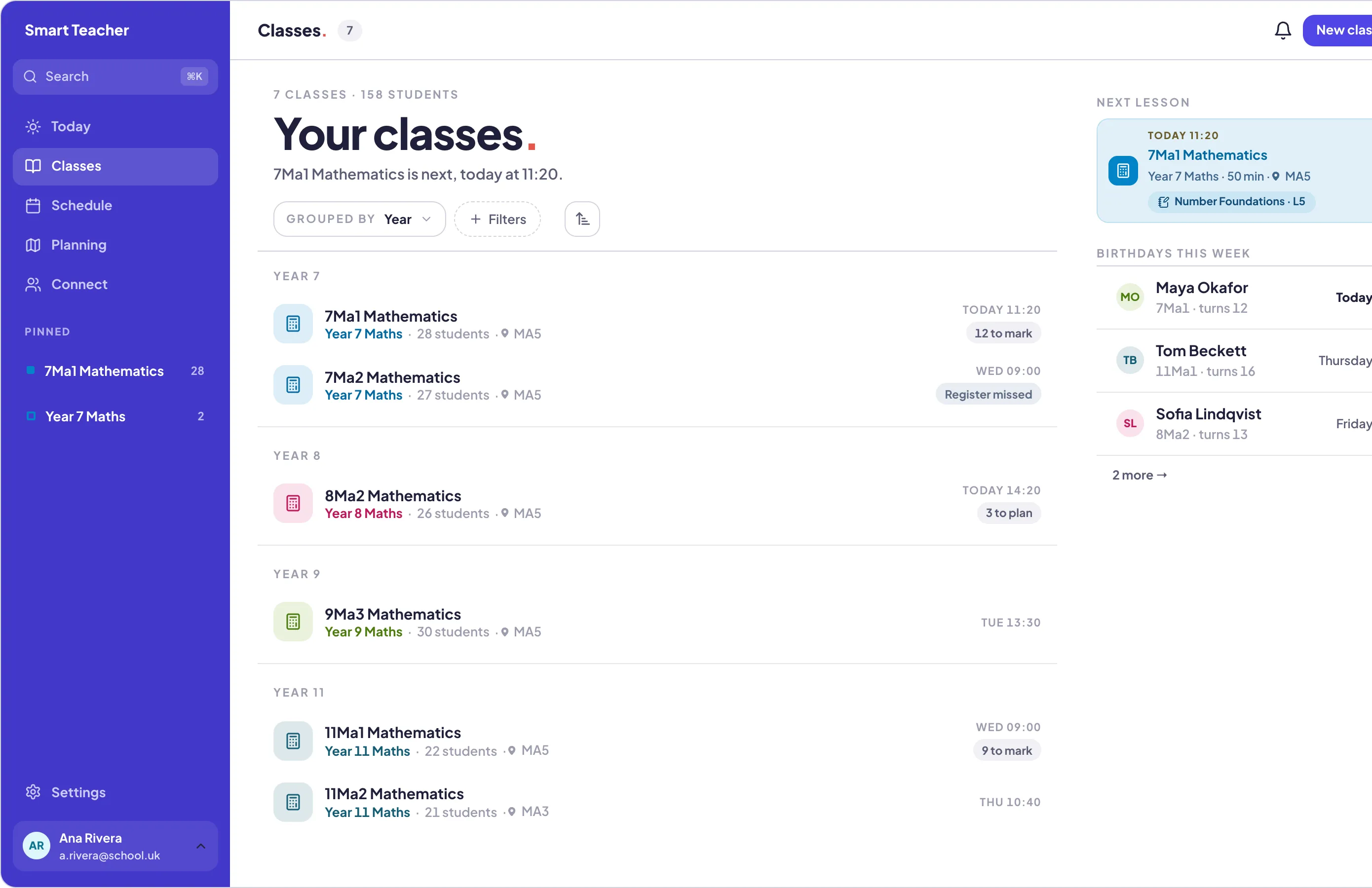 Smart Teacher on the web: the Classes list, a registration group and four teaching classes in the sidebar shell