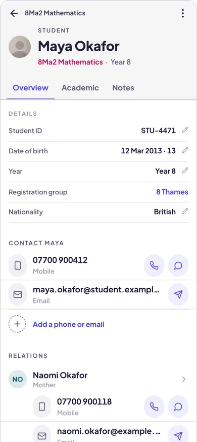 A pupil's page on a phone: attendance strip and academic facts